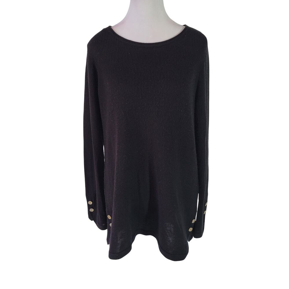 Calvin Klein Size M Black Tunic Sweater Gold Button Contrast Detail Sleeves